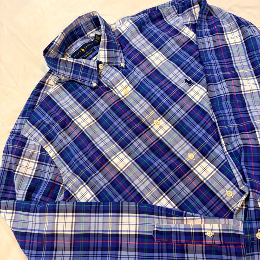 Ralph Lauren Performance Mens Blue Plaid Button Down Shirt Large‎ Stretch Tech